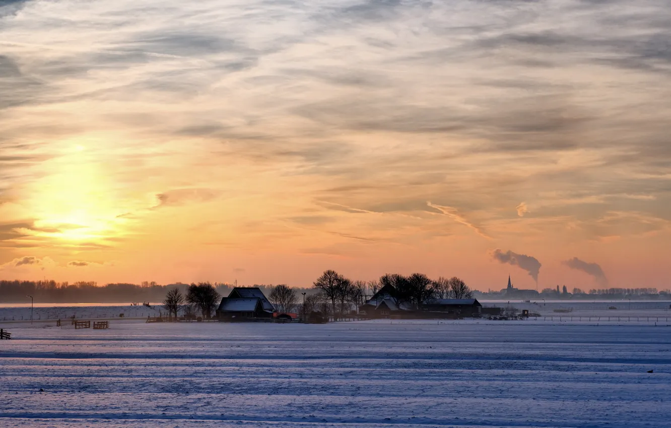 Photo wallpaper winter, field, landscape, sunset, home