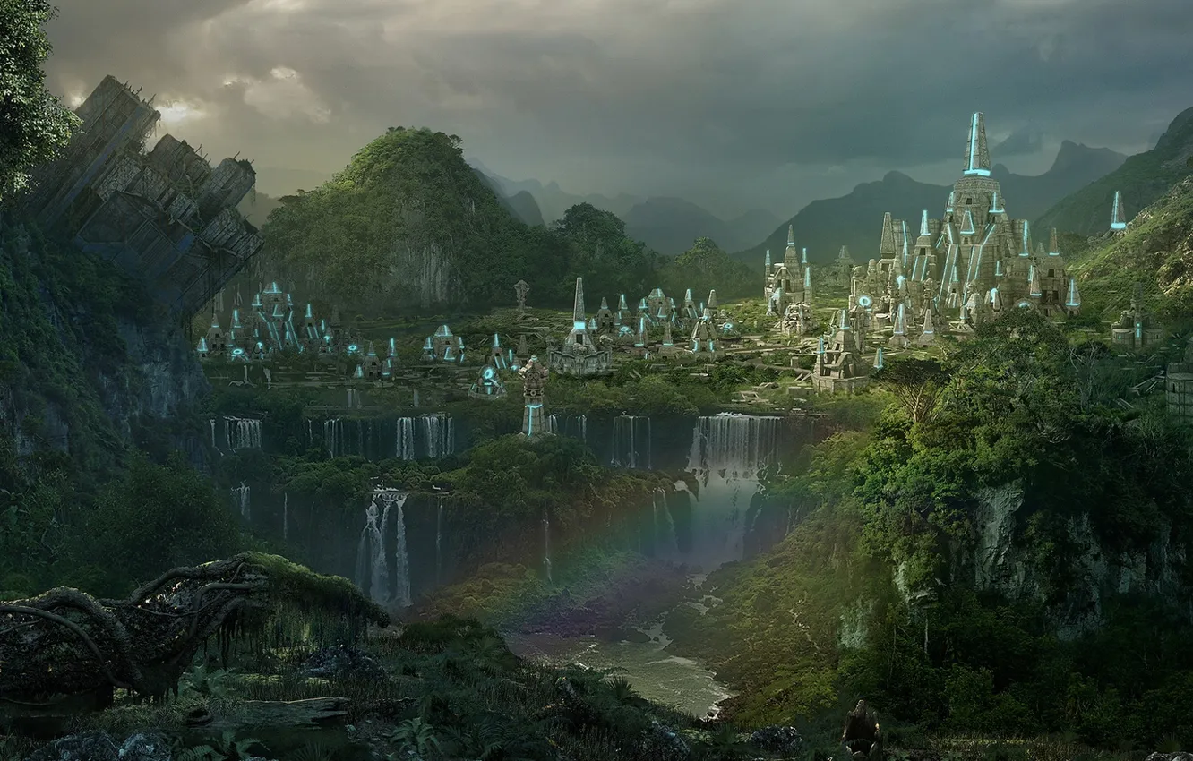 Photo wallpaper forest, landscape, the city, waterfall, rainbow, pyramid, game wallpapers, Rise of legends