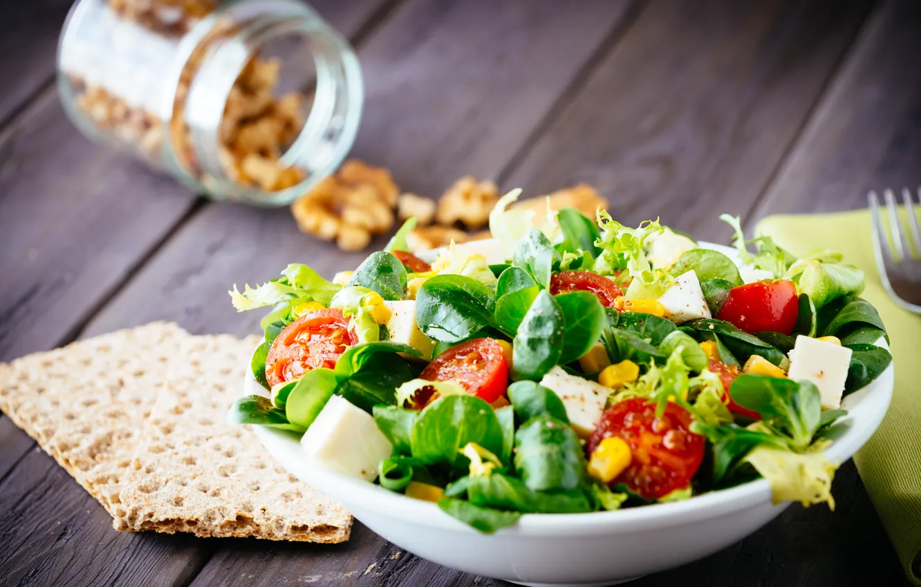 Photo wallpaper greens, nuts, nuts, salad, bread, greens, salad, a salad diet
