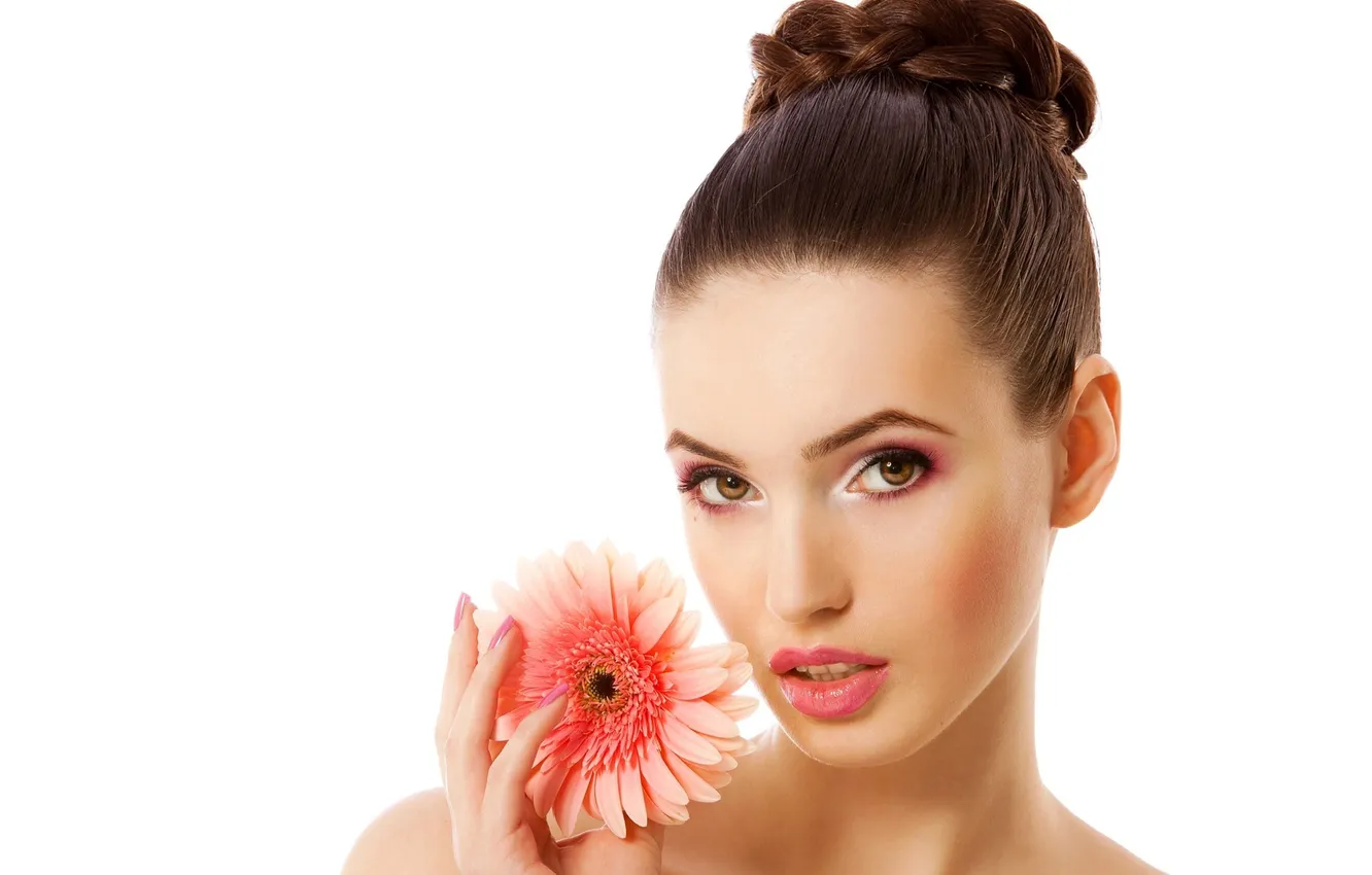 Photo wallpaper look, flowers, face, style, makeup, lips, gerbera, blush