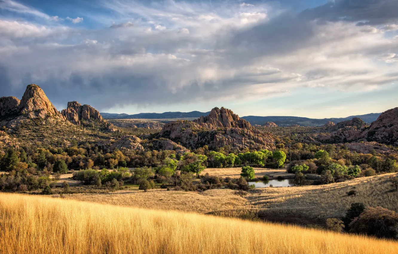 Photo wallpaper the sky, grass, clouds, lake, rocks, hills, valley