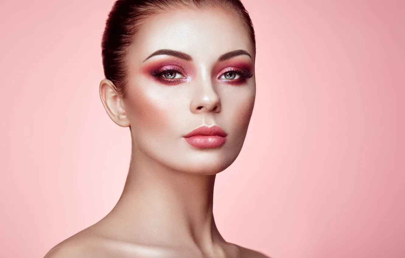 Photo wallpaper pink, makeup, sponge, retouching, Beautiful woman face