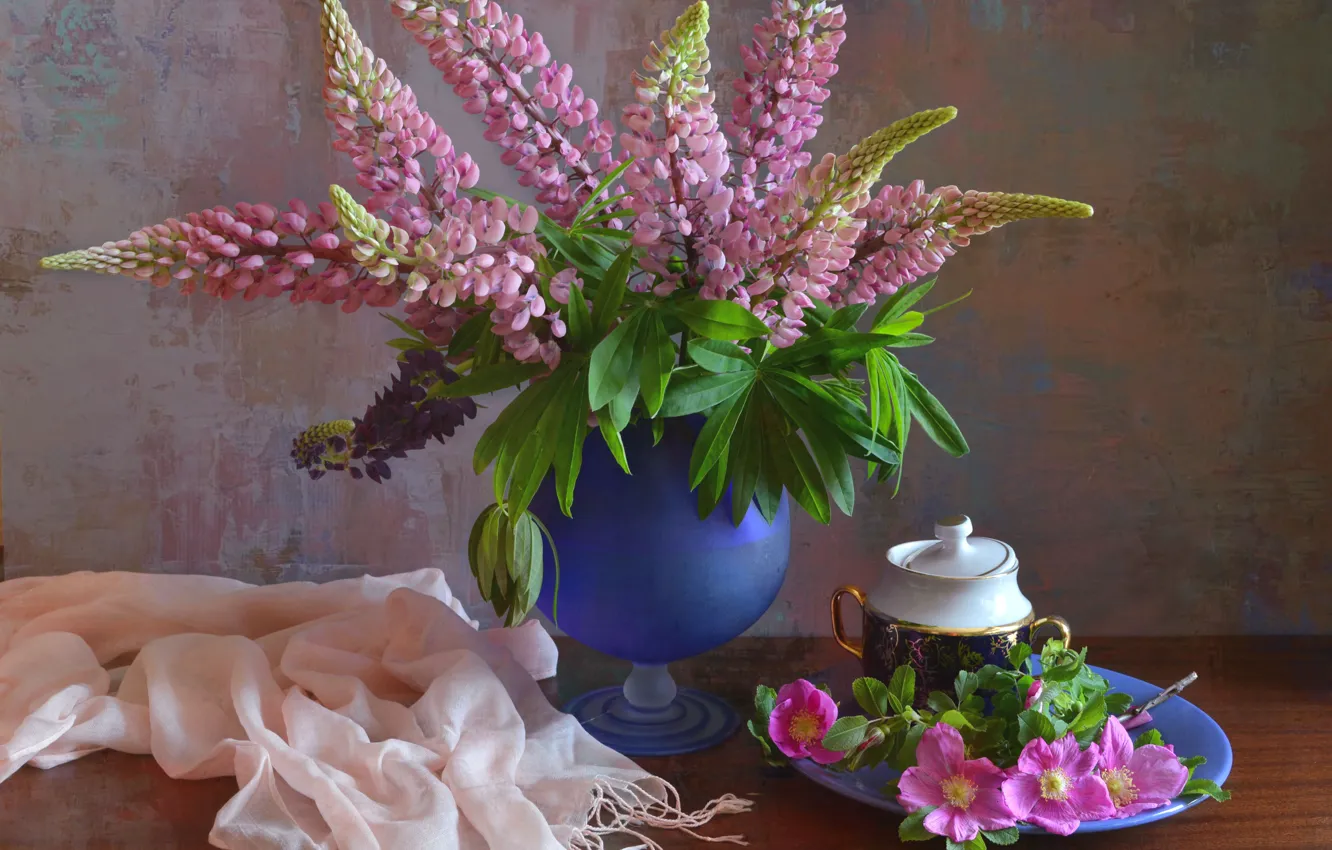 Photo wallpaper summer, flowers, bouquet, briar, dishes, still life, composition, lupins