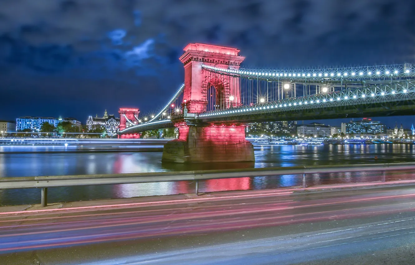 Photo wallpaper road, bridge, river, night city, Hungary, Hungary, Budapest, Budapest