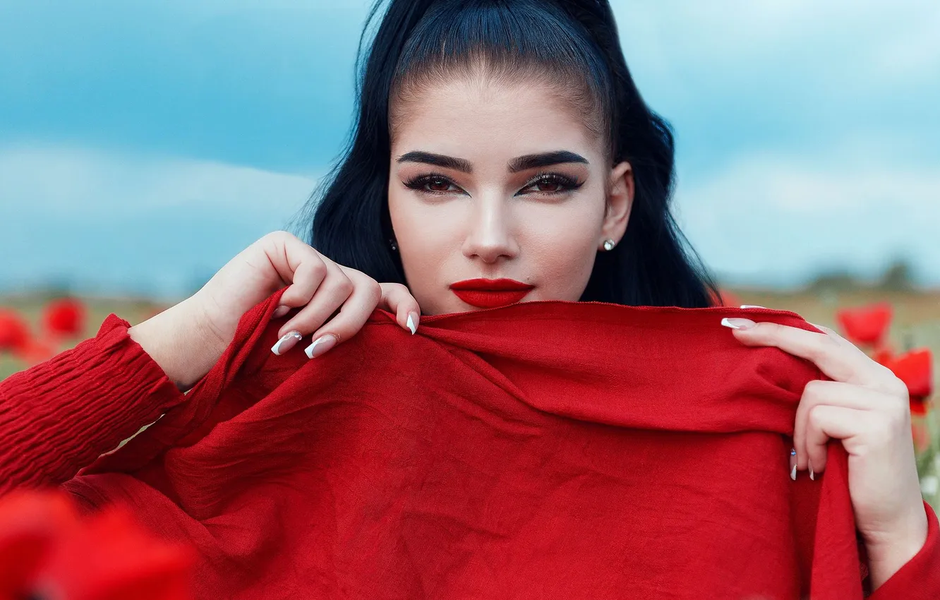 Photo wallpaper girl, brunette, in red, Acts Novels