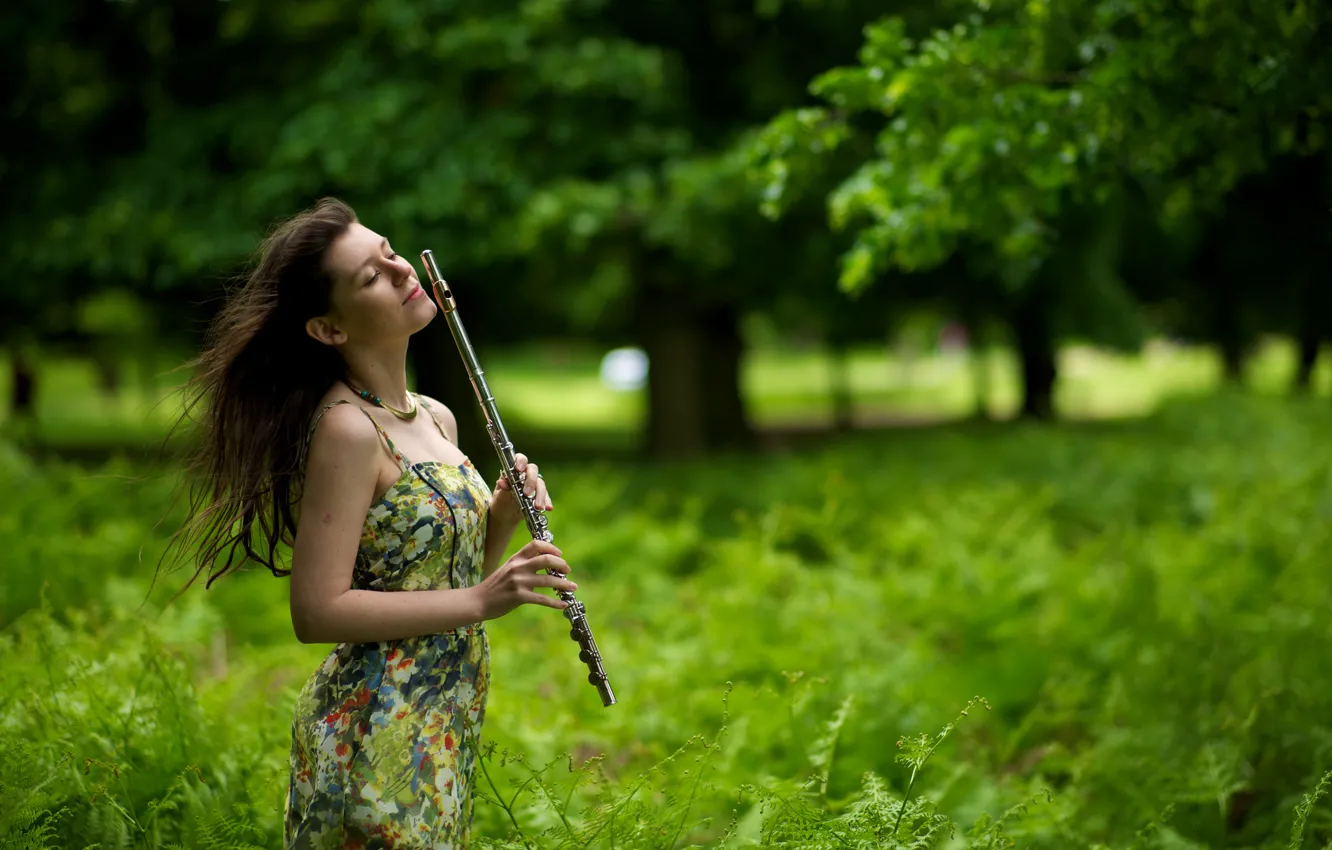 Photo wallpaper girl, music, flute
