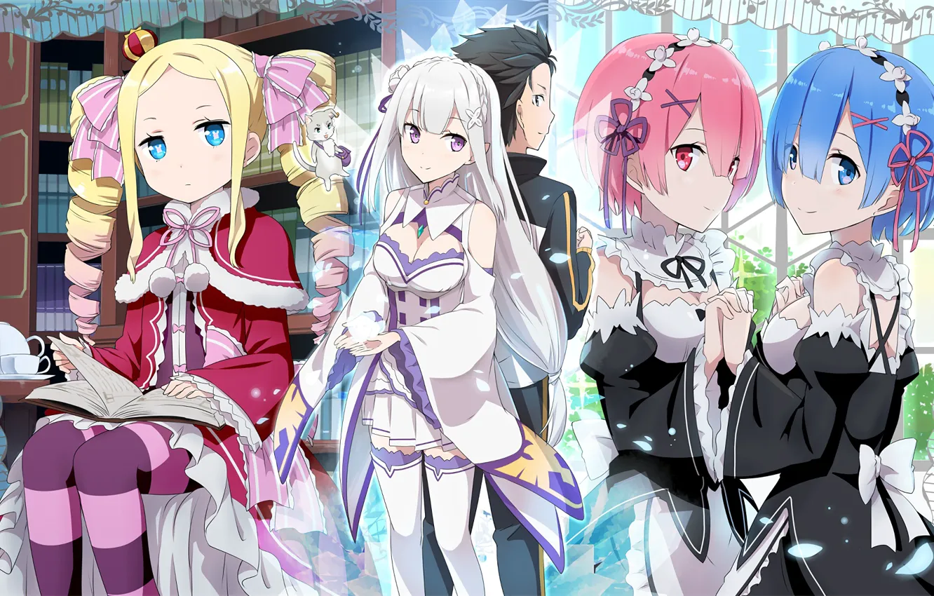 Photo wallpaper cat, girl, elf, spirit, the demon, girl, book, library