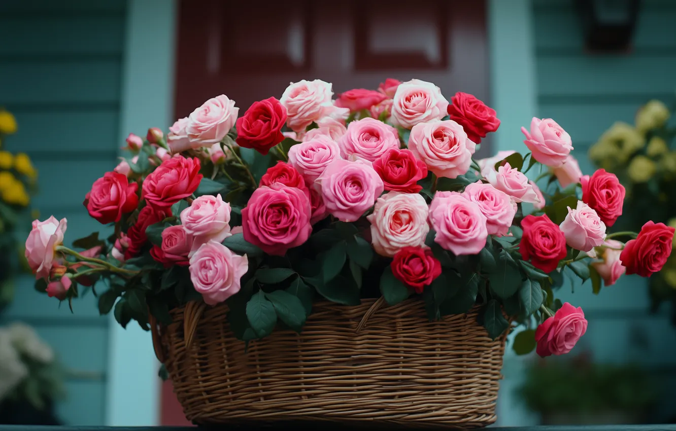 Photo wallpaper flowers, red, roses, bouquet, the door, pink, basket, AI art