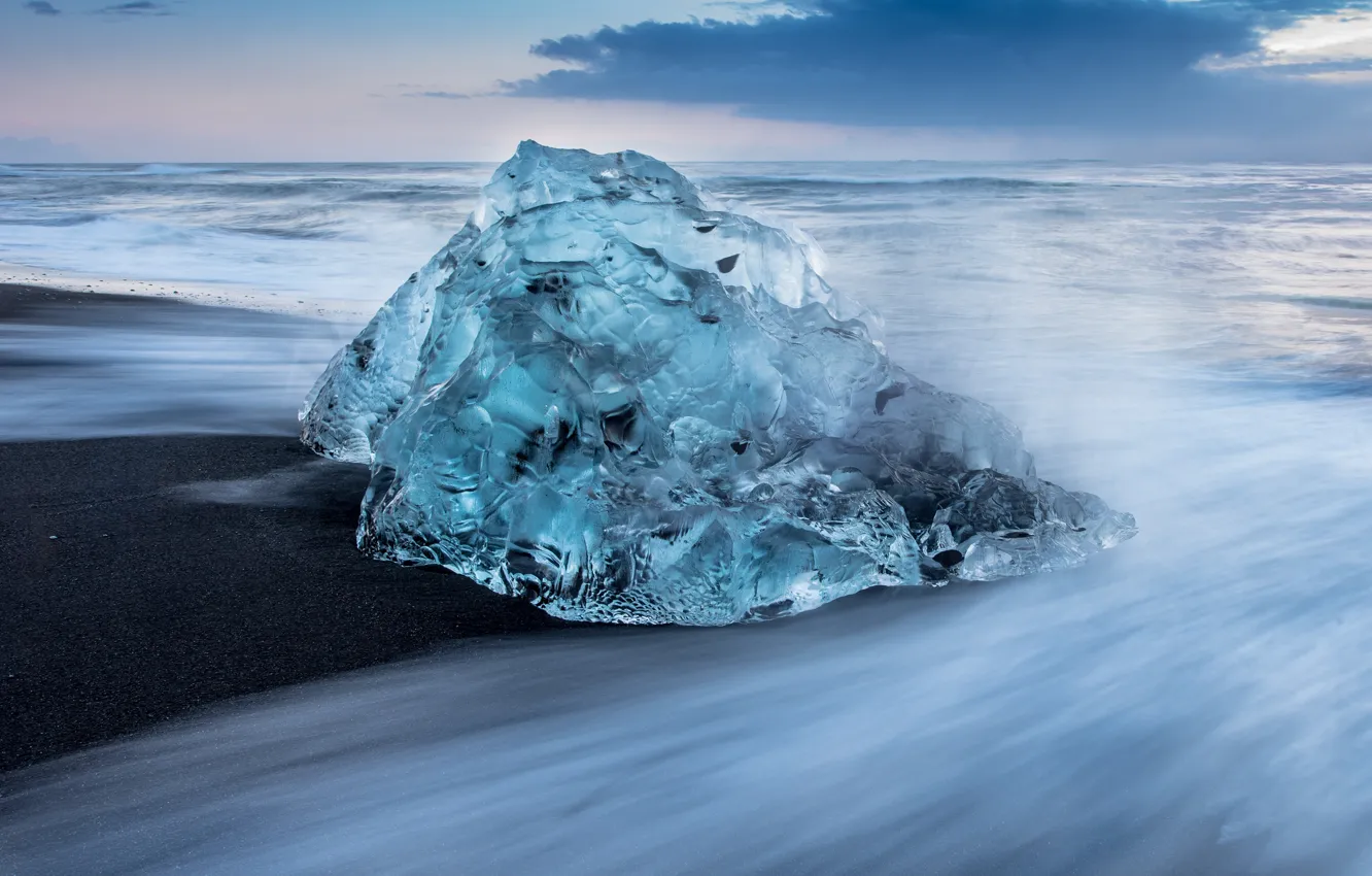 Photo wallpaper ice, winter, sand, sea, wave, the sky, clouds, transparent