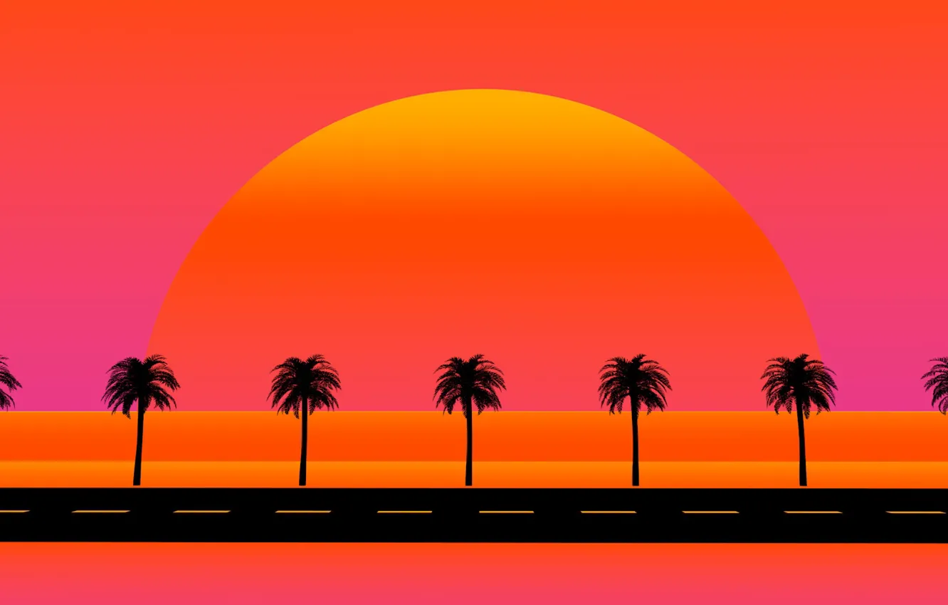Photo wallpaper The sun, Road, Music, Star, Style, Palm trees, Background, 80s