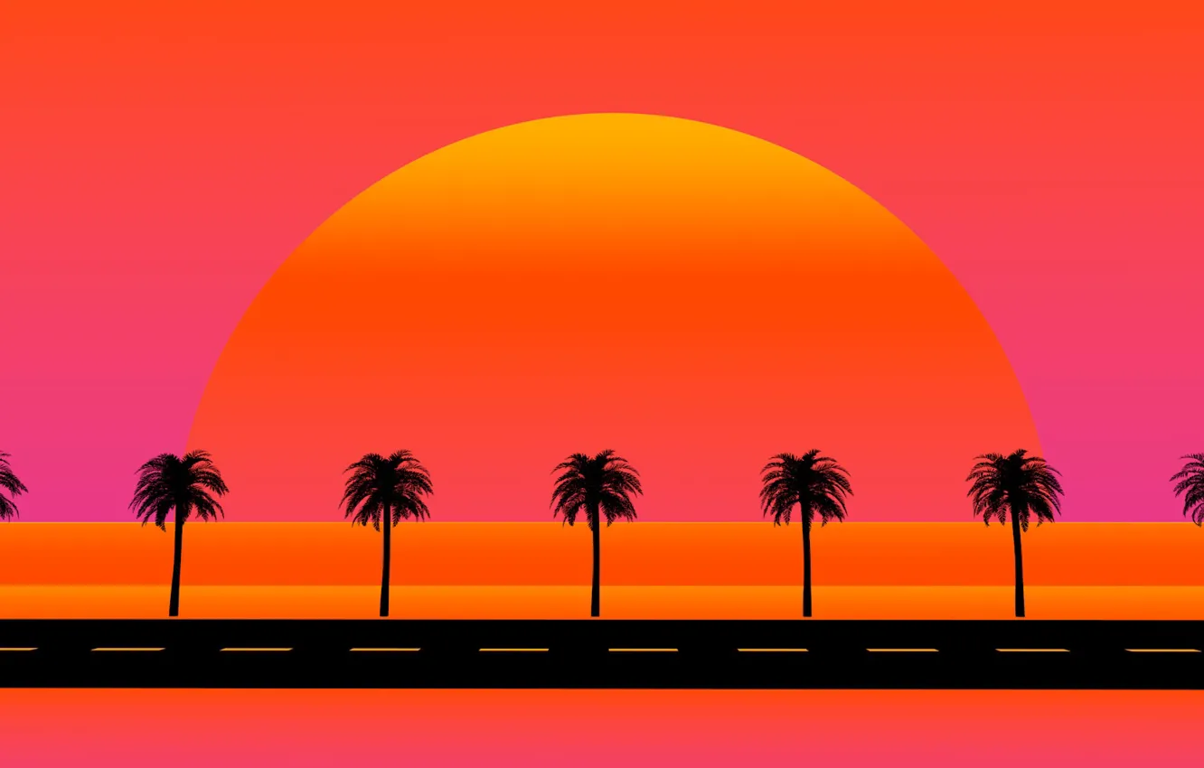 Photo wallpaper road, the sun, stars, style, music, palm trees, background, 80s