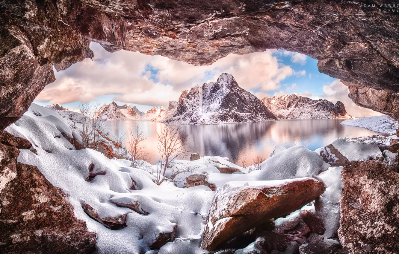 Photo wallpaper winter, water, snow, mountains