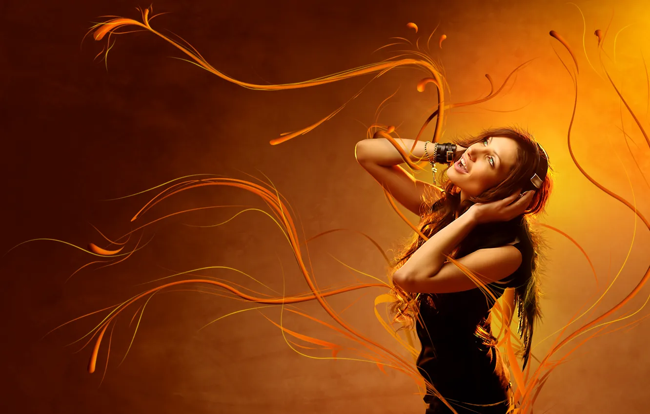 Photo wallpaper fun, effects, entertainment, woman listening to music