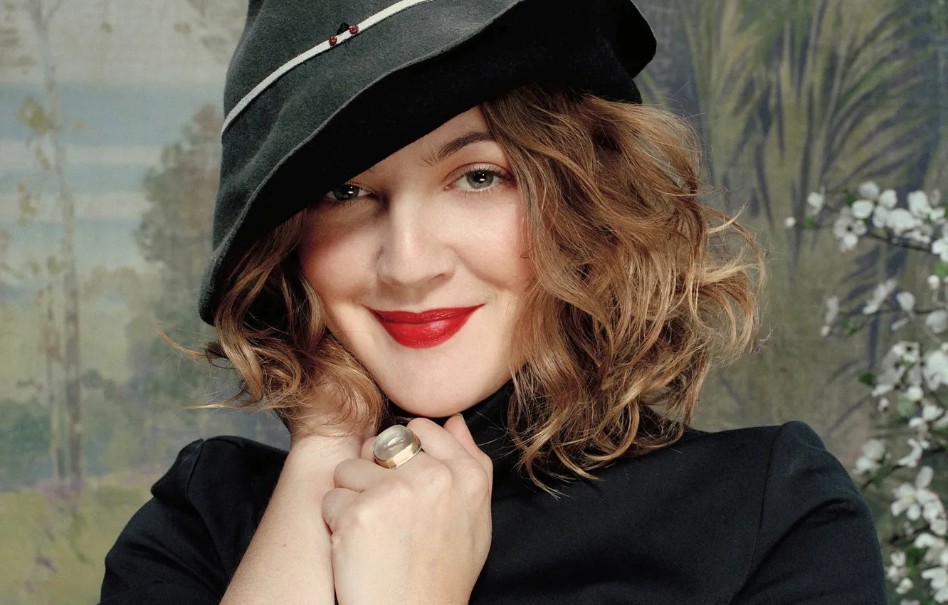 Photo wallpaper face, smile, hat, actress, Drew Barrymore