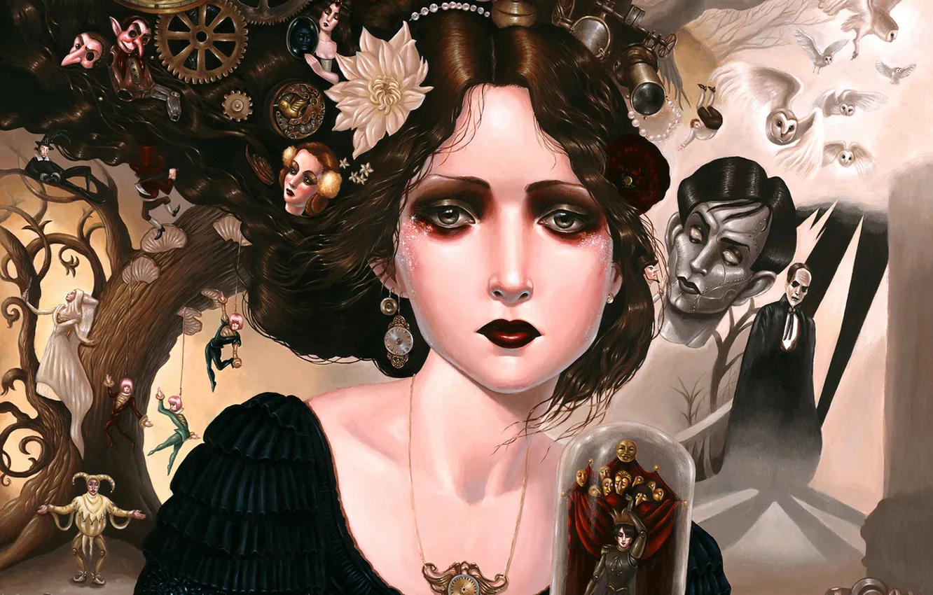 Photo wallpaper girl, owl, portrait, clown