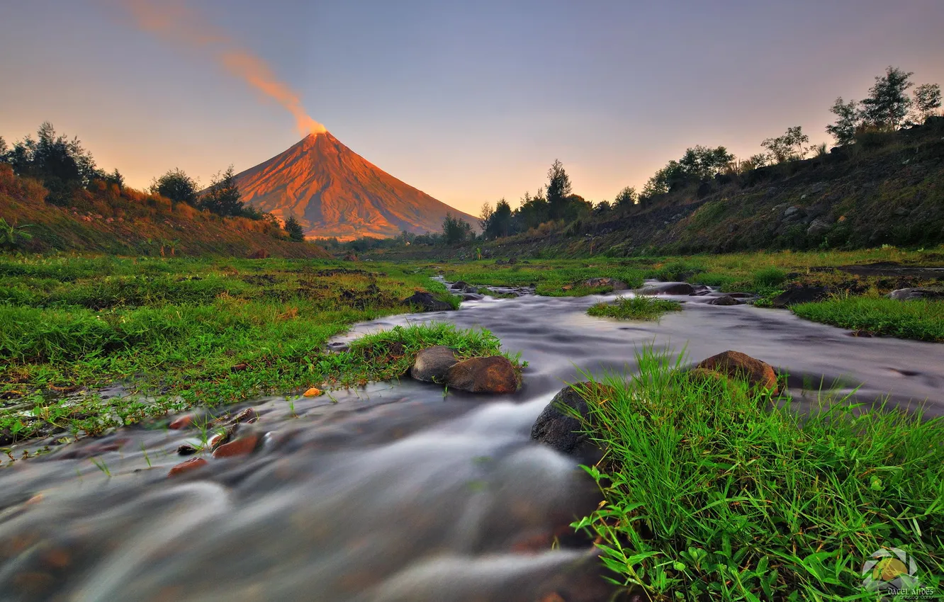 Photo wallpaper landscape, sunset, mountains, river, the volcano