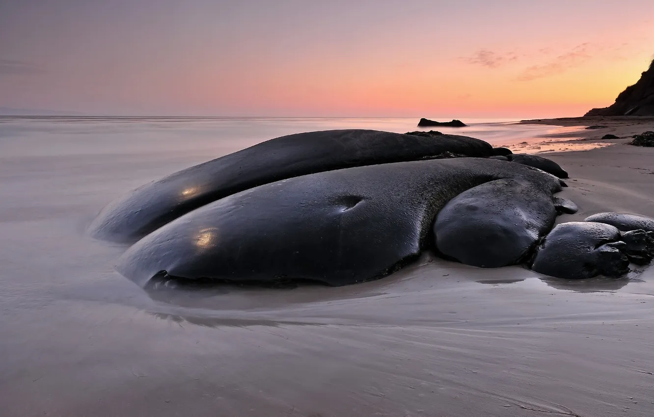 Photo wallpaper sea, the sky, sunset, stones, the ocean, black, smooth