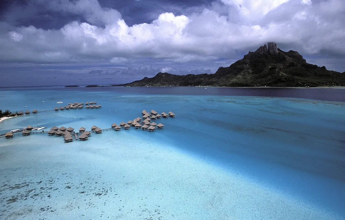Photo wallpaper sea, clouds, mountains, Polynesia, Bora Bora, house