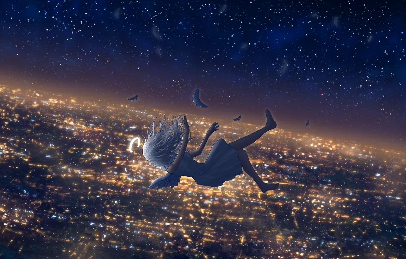 Photo wallpaper girl, night, the city, angel, fantasy, falls