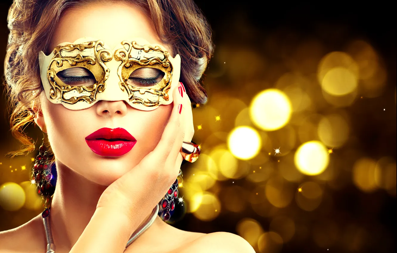 Photo wallpaper girl, decoration, style, hands, brunette, mask, girl, mask
