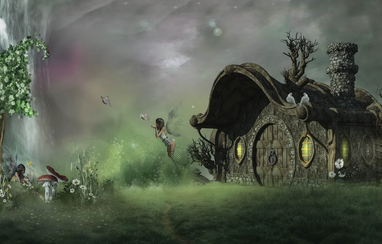 Photo wallpaper grass, girl, flight, flowers, pose, rendering, fantasy, butterfly