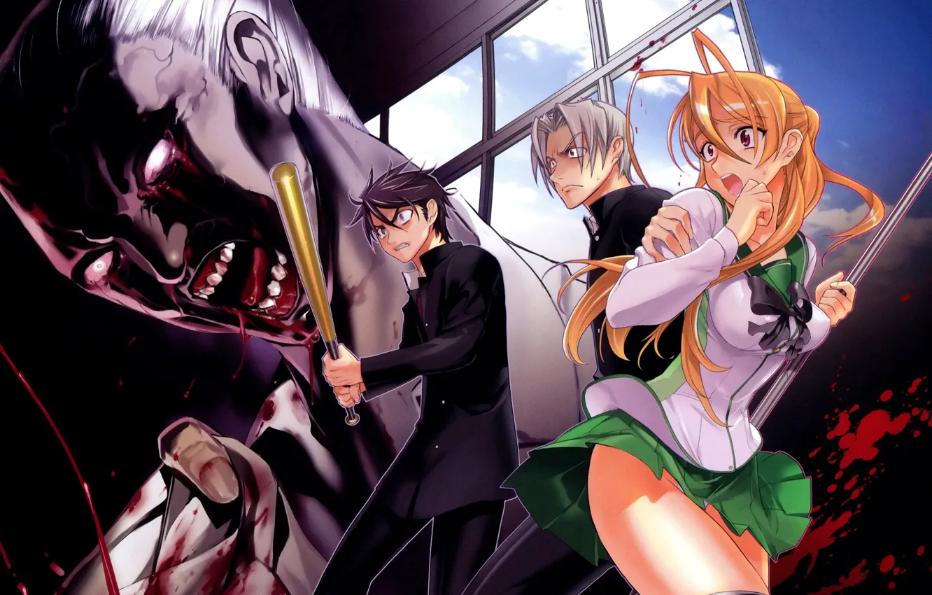 Photo wallpaper anime, art, zombies, students, highschool of the dead