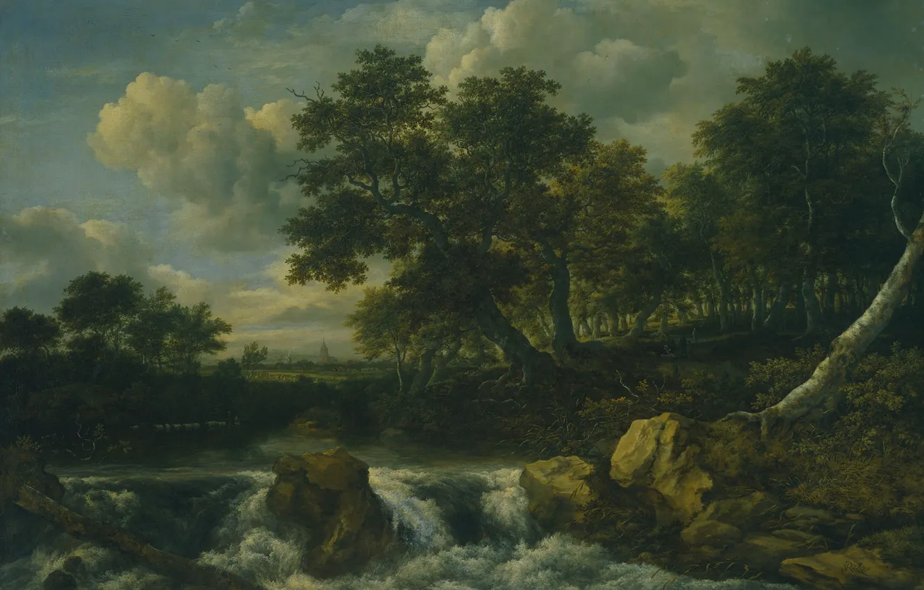 Photo wallpaper oil, picture, canvas, Jacob van Ruisdael, Landscape with Waterfall
