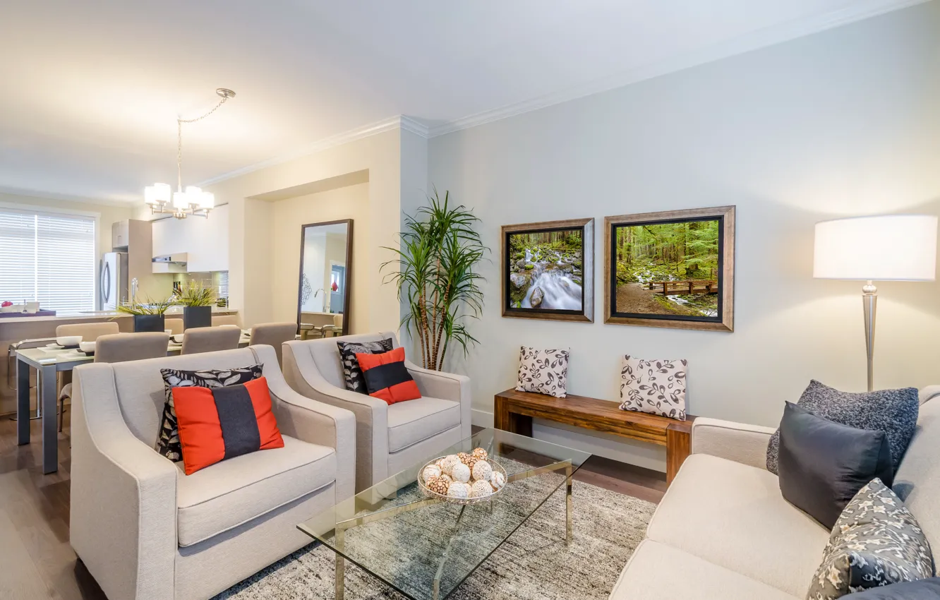 Photo wallpaper design, photo, lamp, interior, picture, chair, pillow, living room