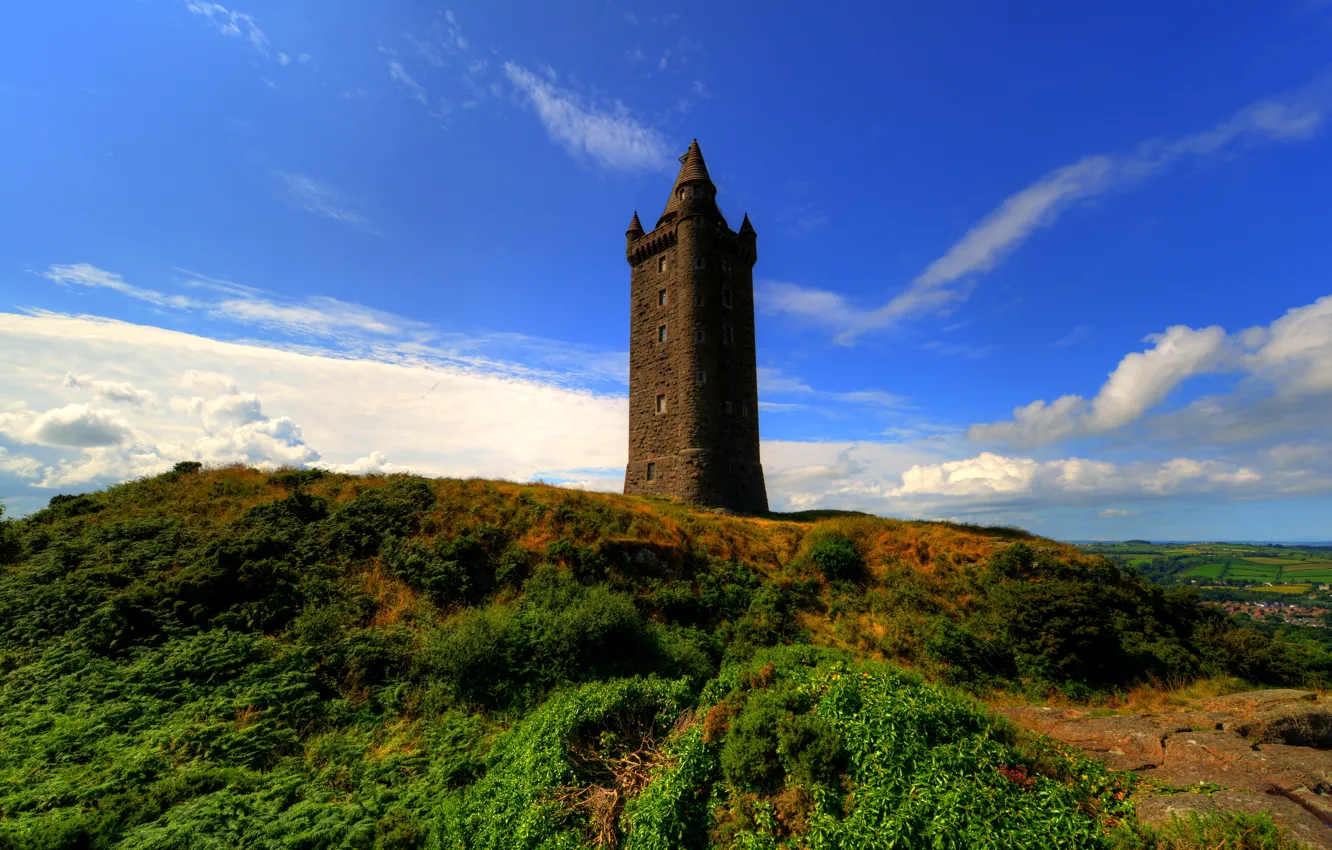 Photo wallpaper the sky, clouds, field, tower, hill, Ireland, Scrabo Tower