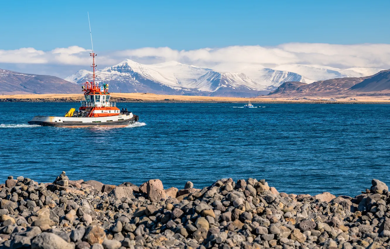 Photo wallpaper sea, mountains, boat, Iceland