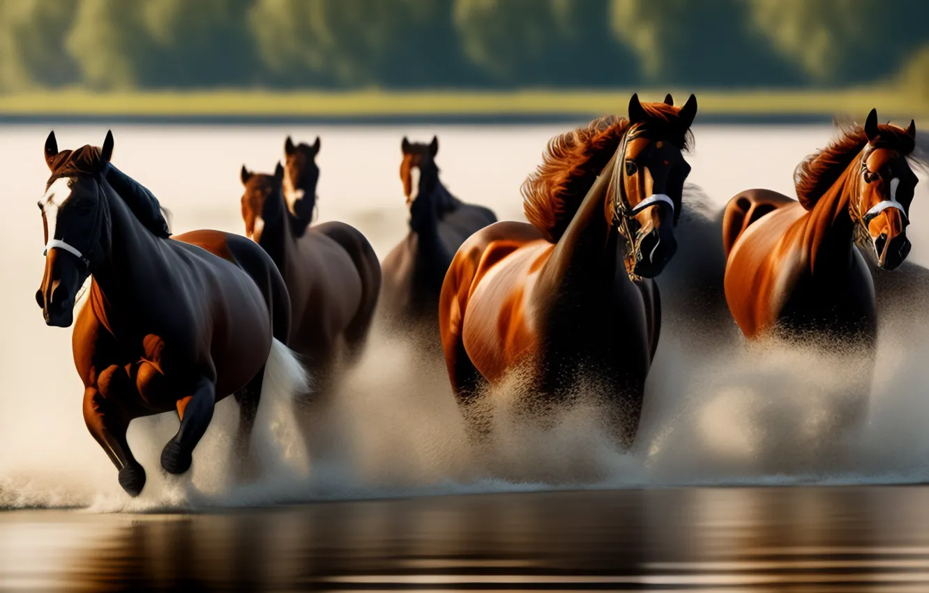 Photo wallpaper Water, Sea, Running, Horse, Horses, Art, Front, The herd