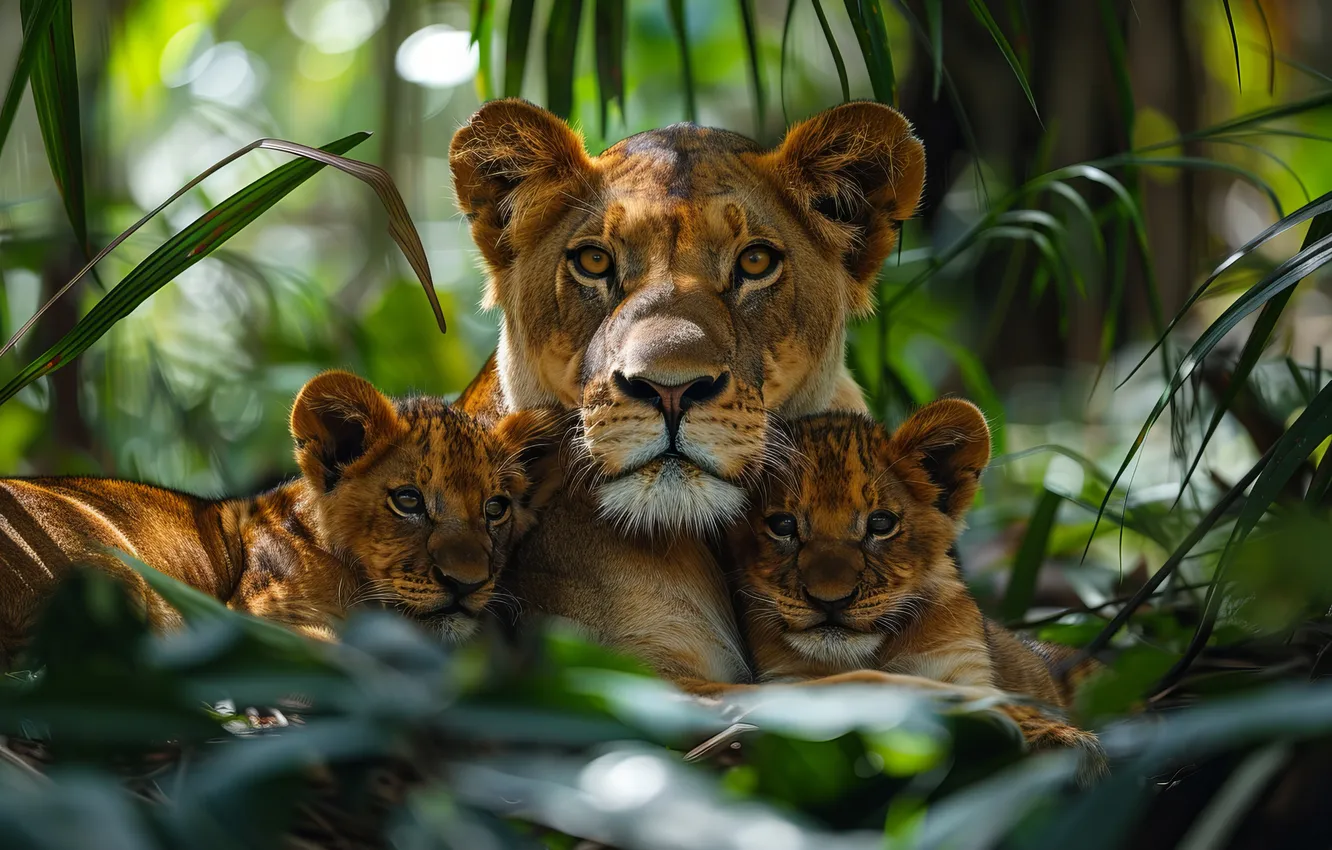 Photo wallpaper look, face, cub, kitty, lioness, big cat, predator, digital art