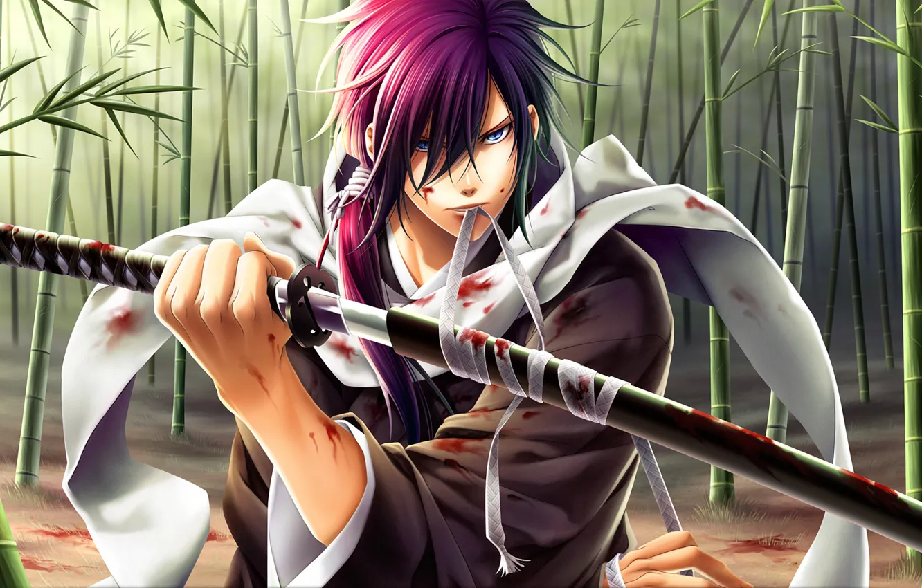 Photo wallpaper weapons, katana, bamboo, warrior, samurai, blood, guy, saitou hajime