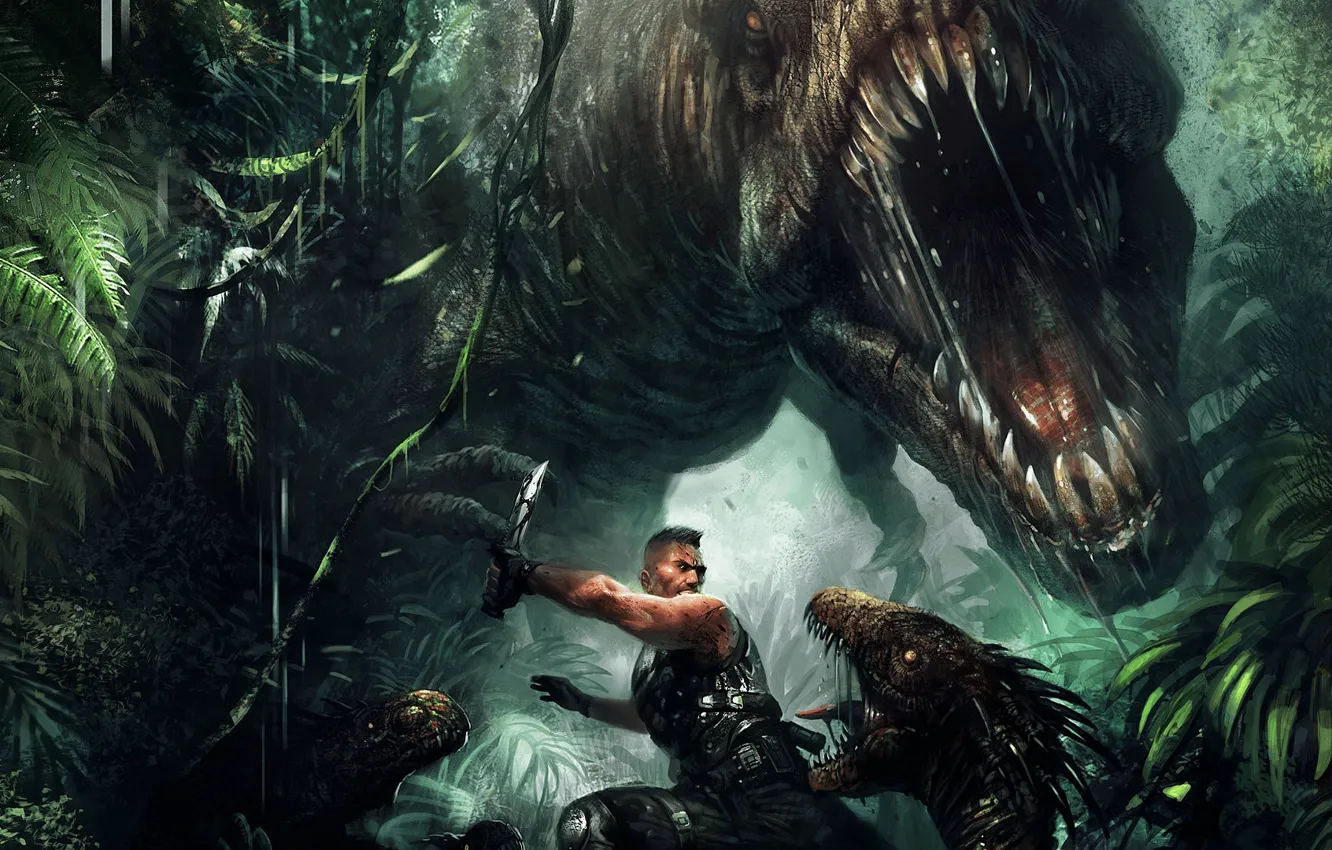 Photo wallpaper dinosaur, jungle, soldiers, Turok