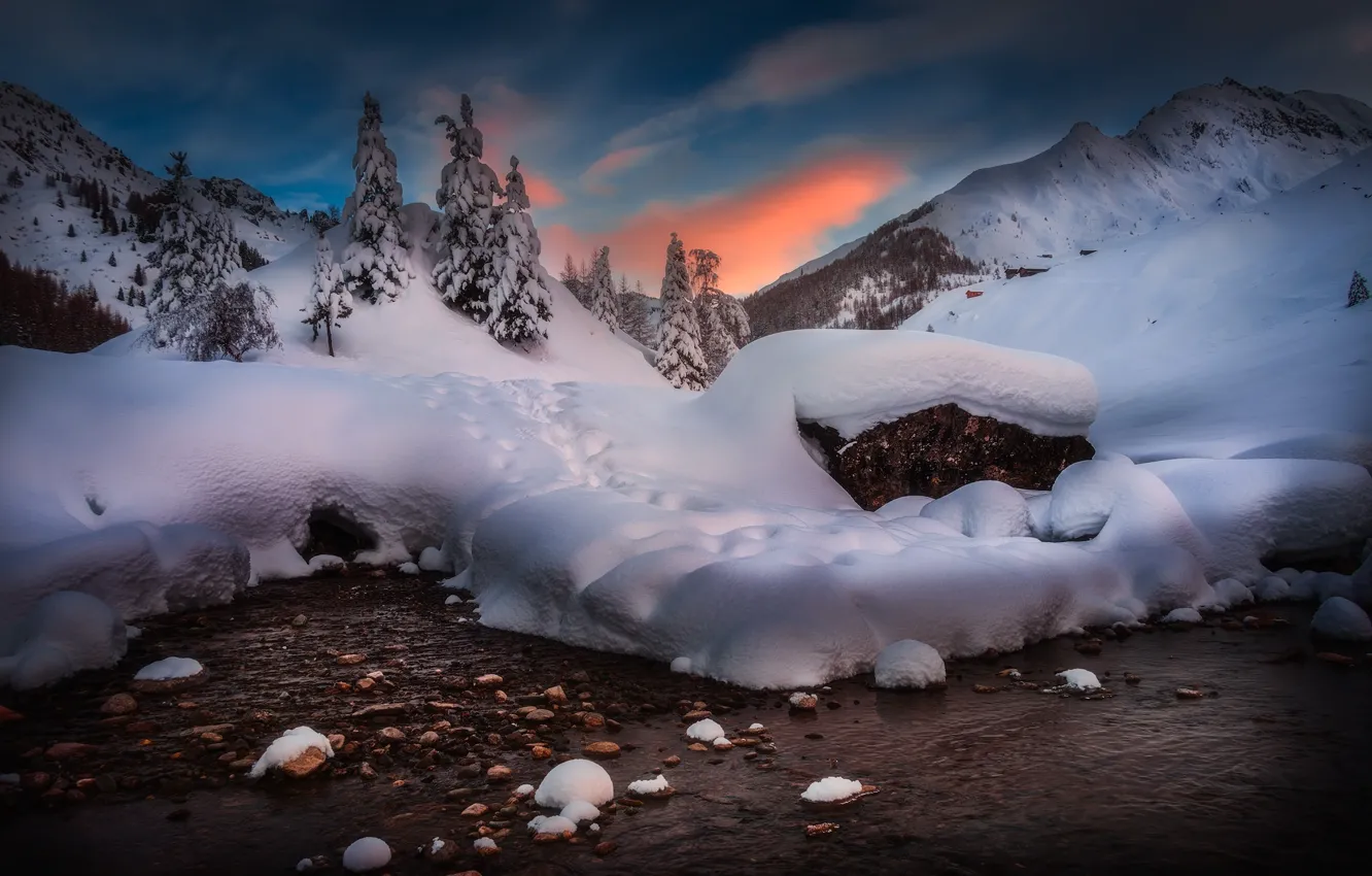 Photo wallpaper winter, sunset, river