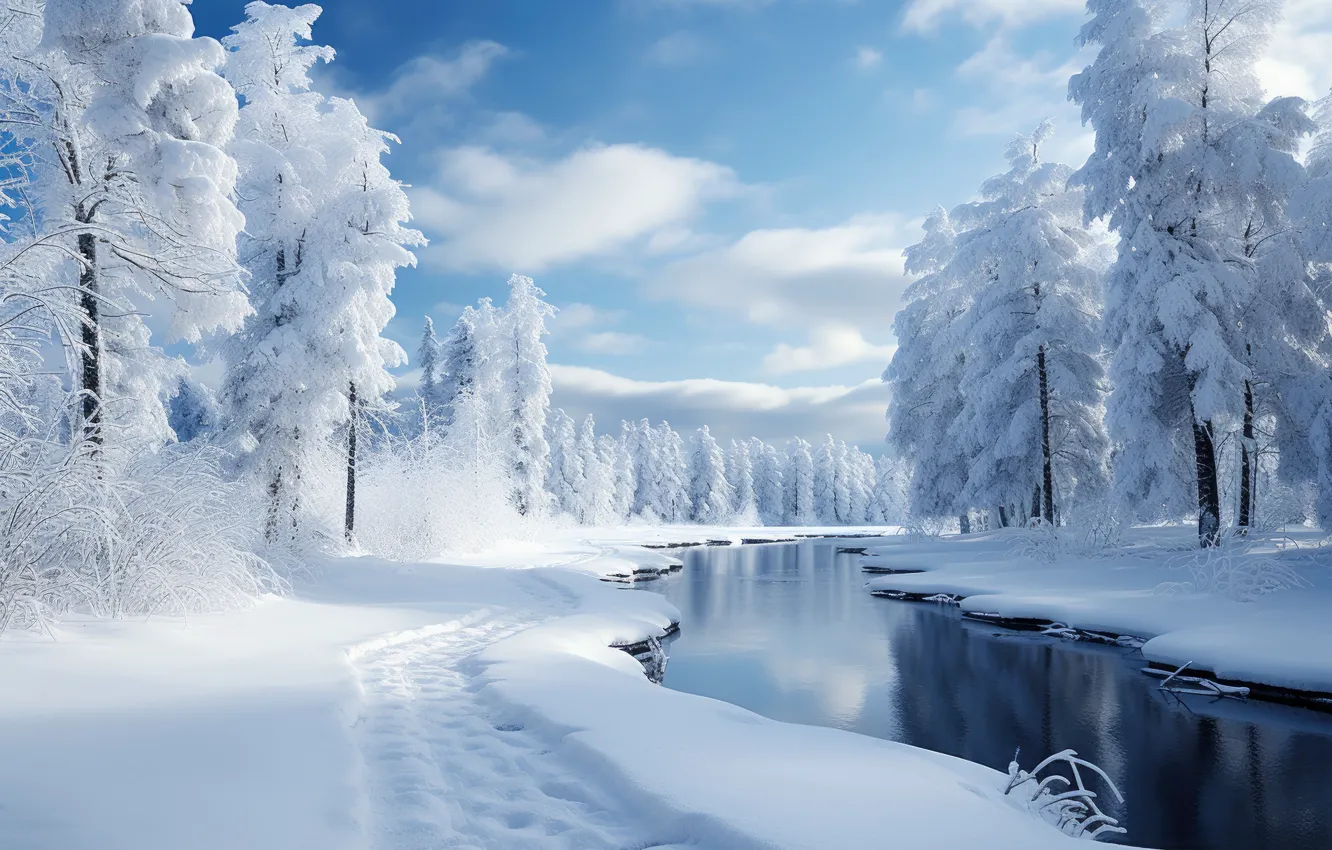 Photo wallpaper winter, frost, forest, the sky, clouds, snow, trees, landscape