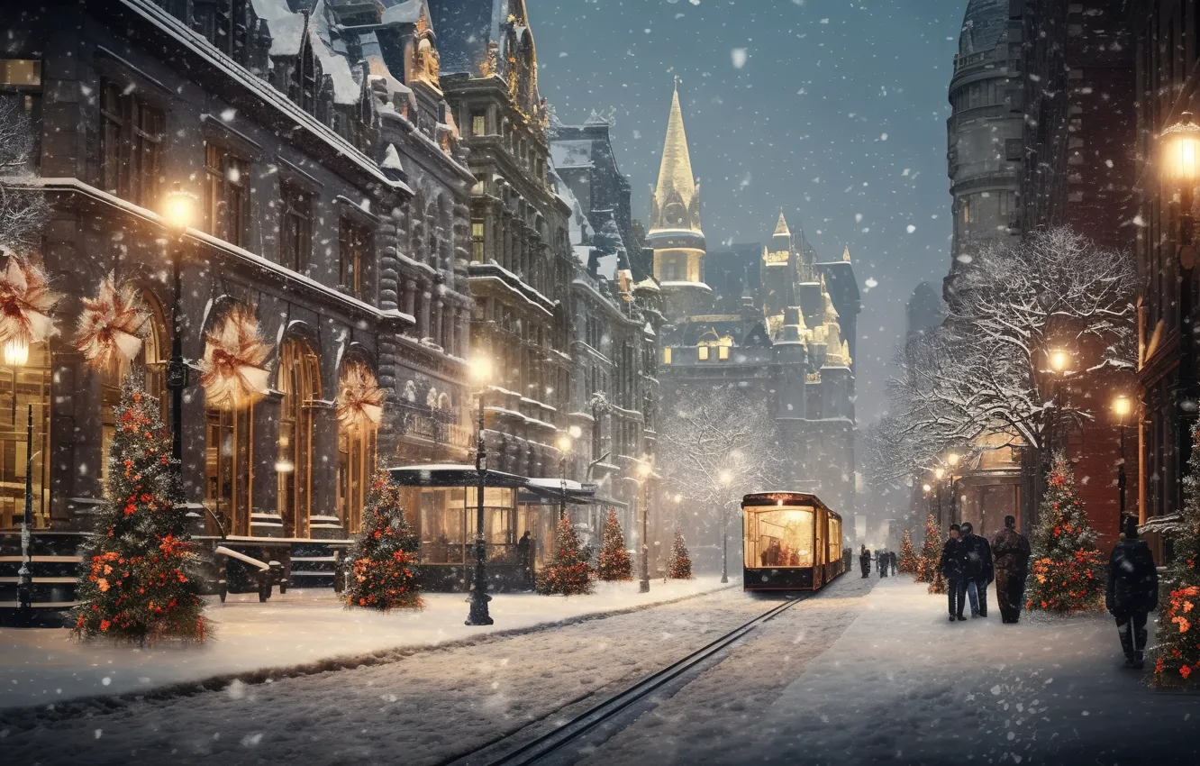 Photo wallpaper winter, snow, decoration, night, the city, lights, balls, street