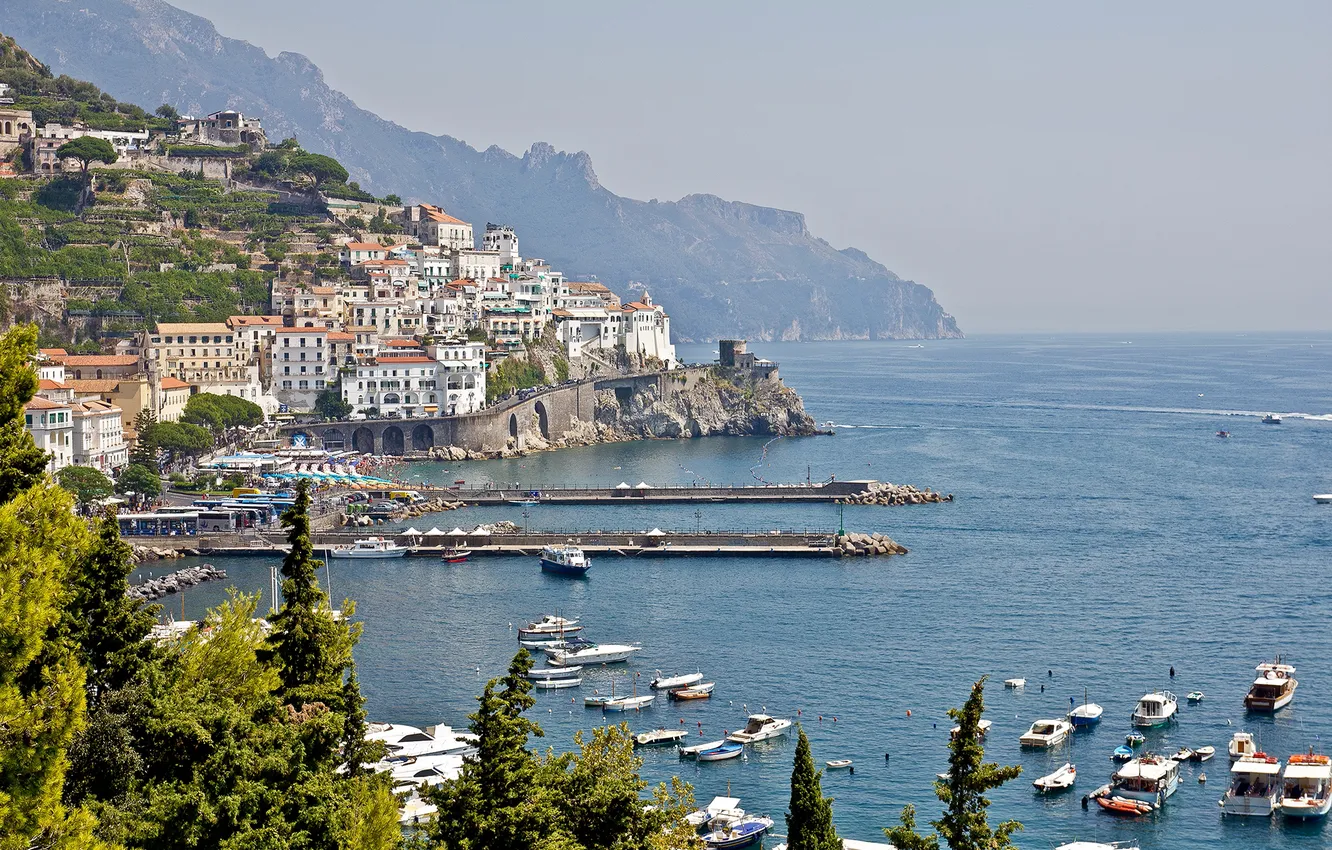 Photo wallpaper sea, the sky, mountains, the city, Italy, Amalfi, Salerno