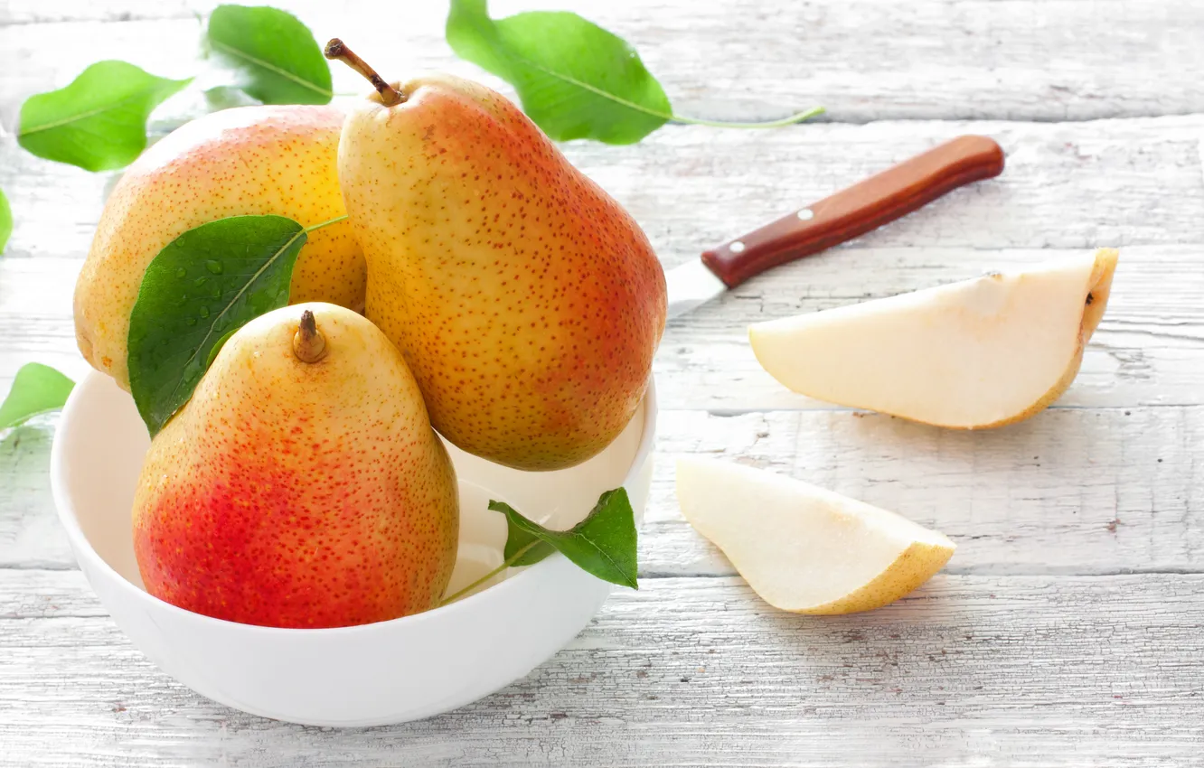 Photo wallpaper knife, leaf, bowl, pear, slices