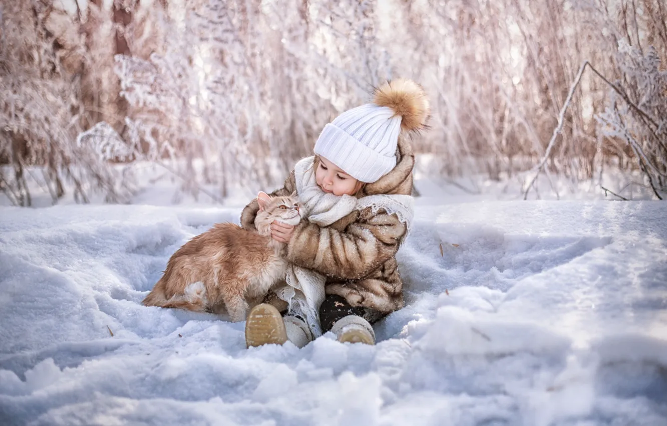 Photo wallpaper winter, cat, snow, hat, girl