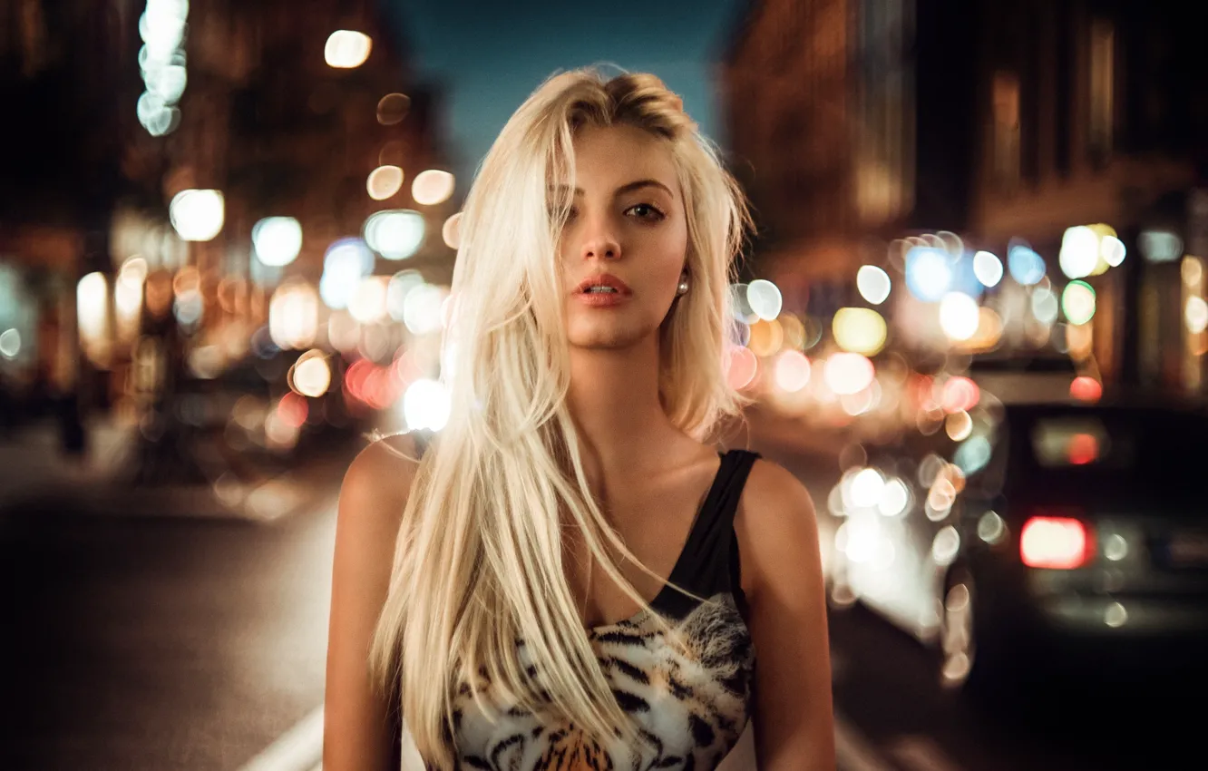 Photo wallpaper girl, night, the city, the evening, blonde, bokeh