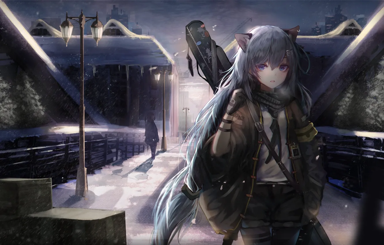 Photo wallpaper girl, weapons, lights, ears