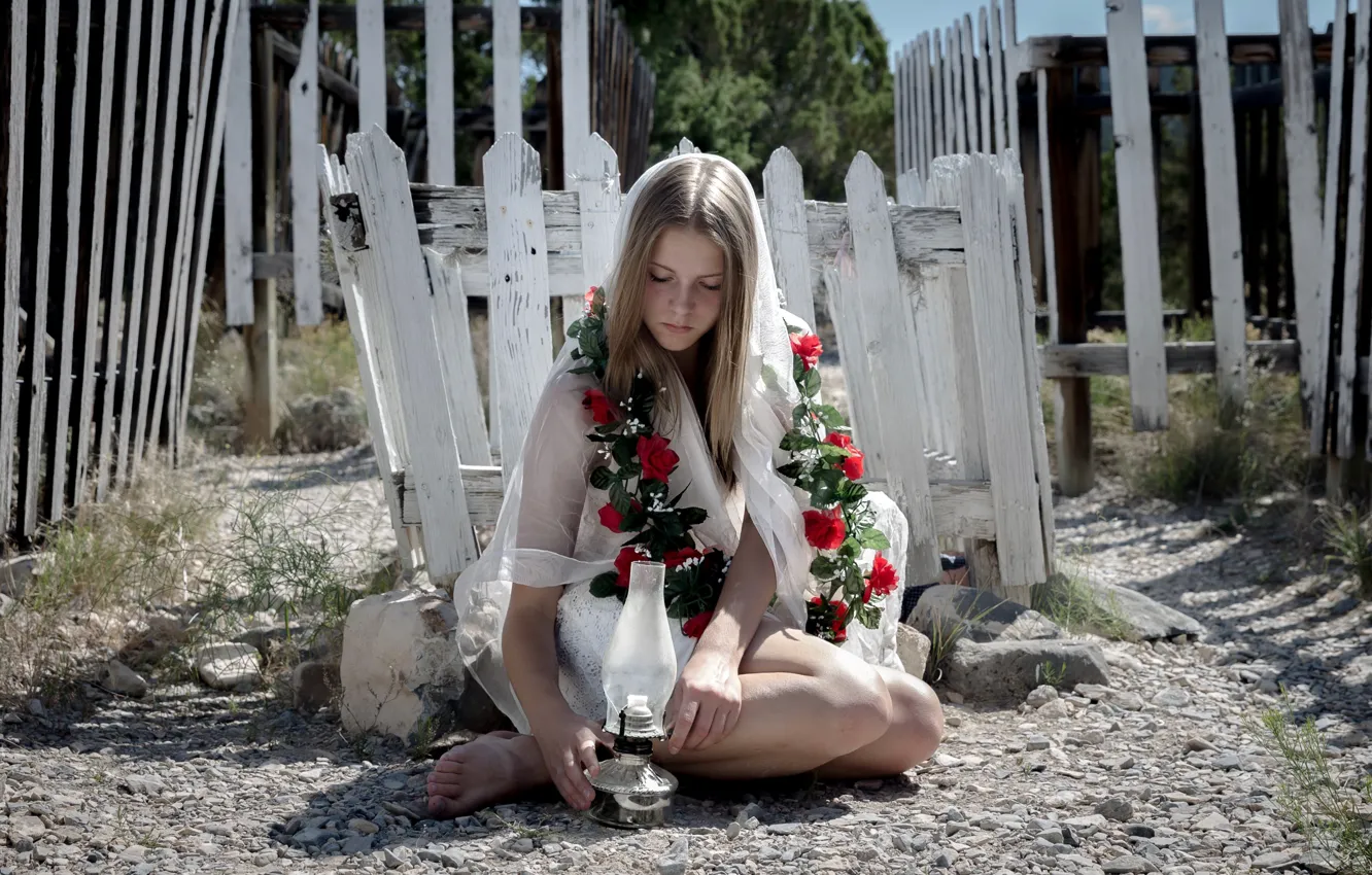 Photo wallpaper girl, flowers, lamp