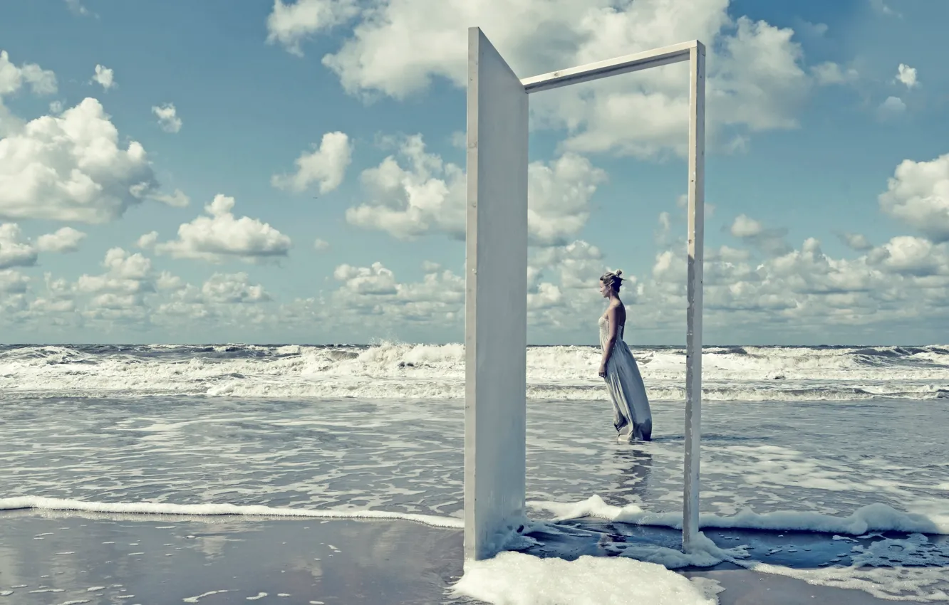 Photo wallpaper girl, shore, the door, surf, Door