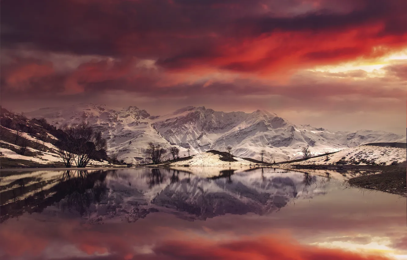 Photo wallpaper Landscape, Mountain, reflection, sunlight, Fire Pond