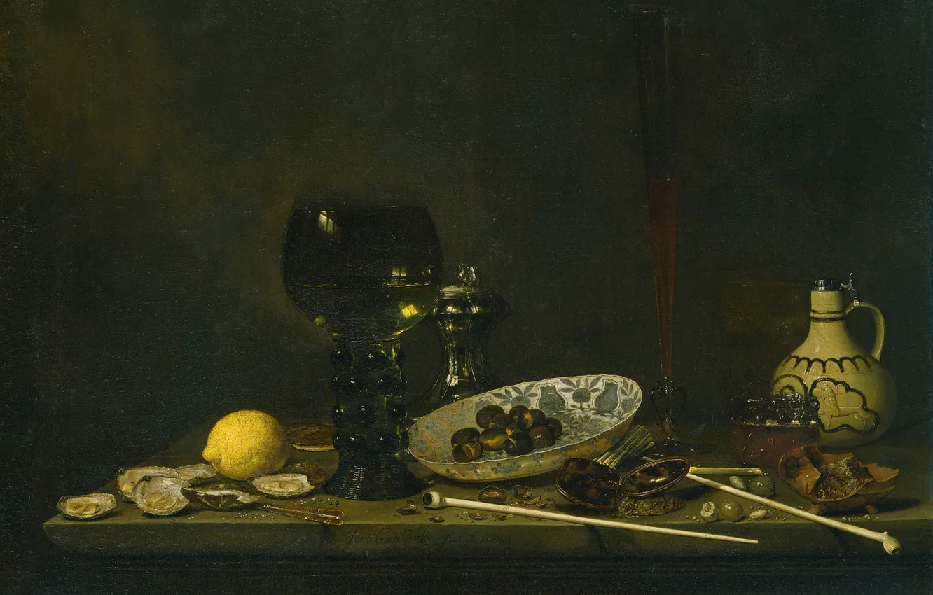 Photo wallpaper picture, canvas, and Pipes, Still life with Goblet Flute Cruse, Jan Jans van de Velde …