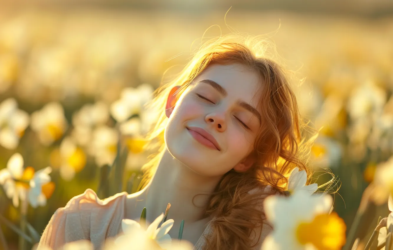 Photo wallpaper girl, light, flowers, face, smile, glade, portrait, positive