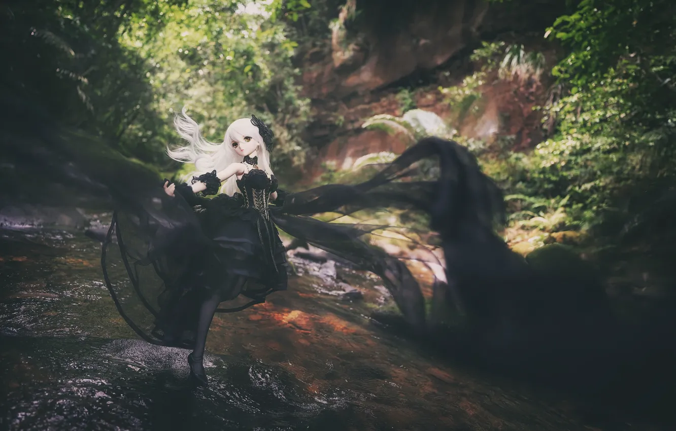 Photo wallpaper river, doll, dress, blonde, veil