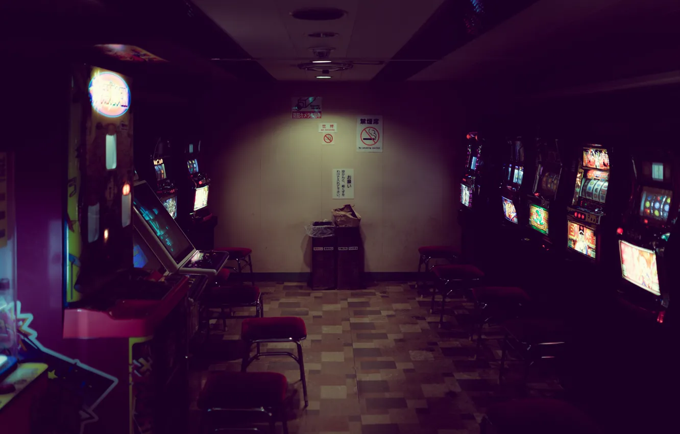 Photo wallpaper light, garbage, the game, neon, room, chair, arcade