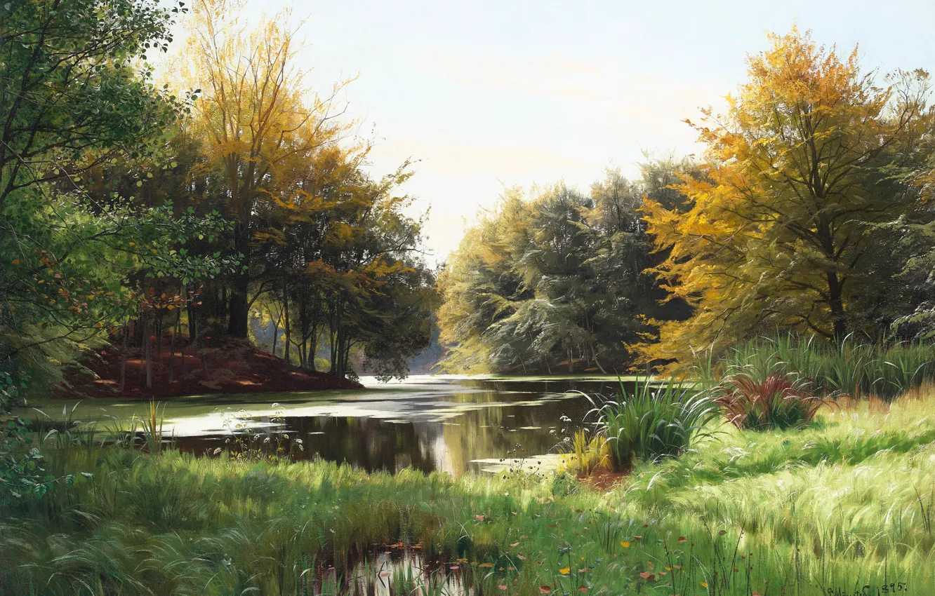 Photo wallpaper grass, trees, picture, river, Peder Mork Monsted, Danish painter, Peter Merk Of Menstad, Peder Mørk …